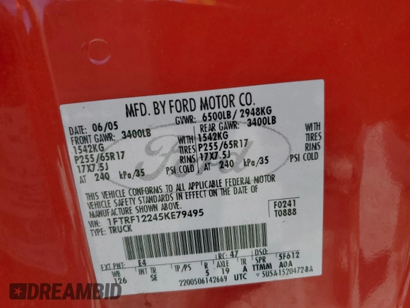 2005 Ford F-150 XL с VIN 1FTRF12245KE79495, выставлен на аукционе Copart как лот 52851425 с пробегом 182 424 миль миль и Списание • Salvage title. История ставок и продаж доступна на DreamBid. Изображение 12.