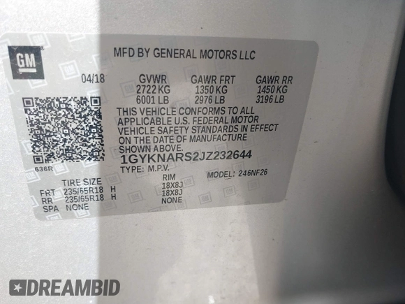 2018 Cadillac XT5 FWD with VIN 1GYKNARS2JZ232644, listed as a IAAI auction lot 42246009 with 93,855 mi miles and . Bid and sale history available at DreamBid. Image 9.