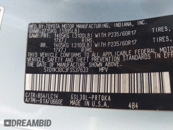 2015 Toyota Sienna XLE с VIN 5TDYK3DC3FS537633, выставлен на аукционе IAAI как лот 42534653 с пробегом 250 730 миль миль и . История ставок и продаж доступна на DreamBid. Изображение 9.