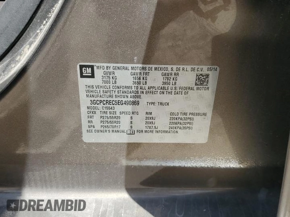 2014 Chevrolet Silverado 1500 LT with VIN 3GCPCREC5EG490869, listed as a Copart auction lot 49468275 with Not Provided miles and Salvage Title. Bid and sale history available at DreamBid. Image 13.