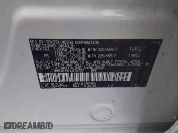 2017 Toyota RAV4 LE с VIN JTMBFREVXHJ126727, выставлен на аукционе IAAI как лот 42587210 с пробегом 111 739 миль миль и . История ставок и продаж доступна на DreamBid. Изображение 9.