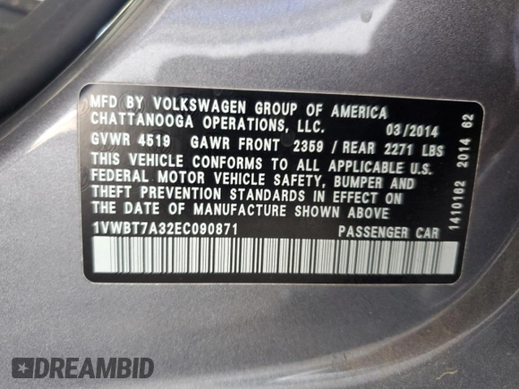 2014 Volkswagen Passat SE z VIN 1VWBT7A32EC090871, wystawiony jako Copart lot #57350735 z przebiegiem 106 002 mil mil oraz Czysty tytuł • Clean title. Historia ofert i sprzedaży dostępna na DreamBid. Obrazek 12.
