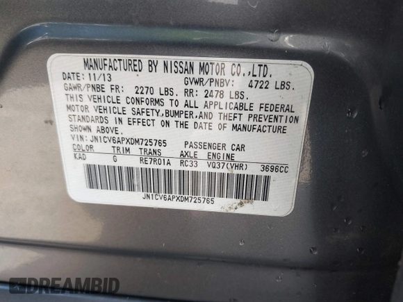 2013 Infiniti G37 Journey with VIN JN1CV6APXDM725765, listed as a IAAI auction lot 42181904 with 136,399 mi miles and . Bid and sale history available at DreamBid. Image 9.