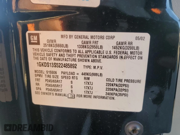 2002 GMC Envoy SLT with VIN 1GKDS13S522485892, listed as a Copart auction lot 49248615 with 152,326 mi miles and Salvage Title. Bid and sale history available at carsss.com. Image 15.