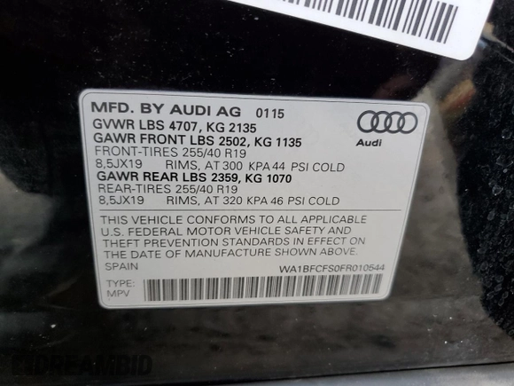 2015 Audi Q3 Premium Plus with VIN WA1BFCFS0FR010544, listed as a Copart auction lot 69989353 with 95,636 mi miles and . Bid and sale history available at DreamBid. Image 14.