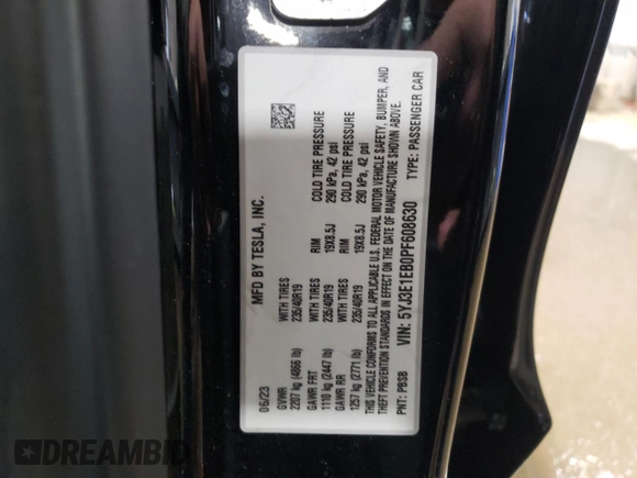2023 Tesla Model 3 Long Range with VIN 5YJ3E1EB0PF608630, listed as a Copart auction lot 44379105 with 22,777 mi miles and Salvage Title. Bid and sale history available at DreamBid. Image 13.