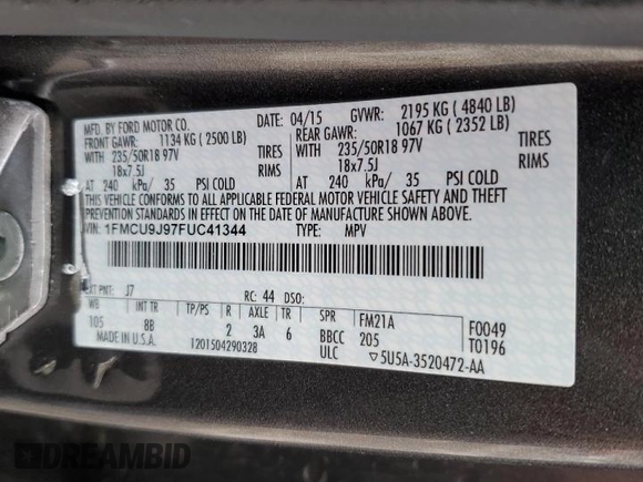 2015 Ford Escape Titanium with VIN 1FMCU9J97FUC41344, listed as a Copart auction lot 47226155 with 157,728 mi miles and Salvage Title. Bid and sale history available at carsss.com. Image 13.