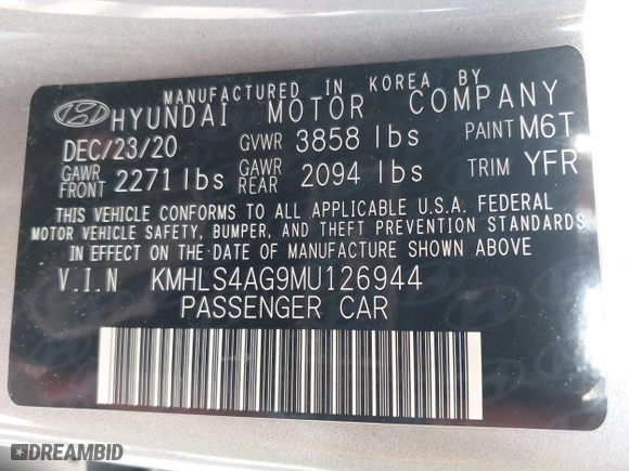 2021 Hyundai Elantra SEL with VIN KMHLS4AG9MU126944, listed as a IAAI auction lot 41976889 with 37,950 mi miles. Bid and sale history available at carsss.com. Image 9.
