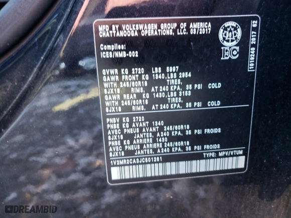2018 Volkswagen Atlas 3.6L V6 SEL with VIN 1V2MR2CA3JC501261, listed as a Copart auction lot 88980145 with 160,932 mi miles and Salvage Title. Bid and sale history available at carsss.com. Image 13.