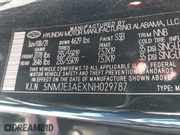 2022 Hyundai Tucson Limited with VIN 5NMJE3AEXNH029787, listed as a IAAI auction lot 41410267 with 35,948 mi miles. Bid and sale history available at carsss.com. Image 9.
