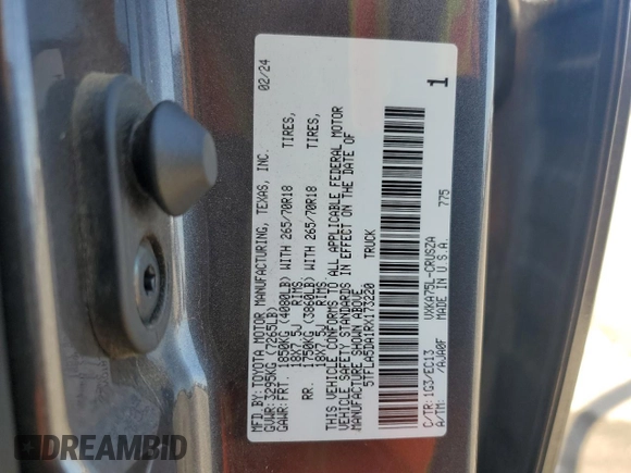 2024 Toyota Tundra SR5 with VIN 5TFLA5DA1RX173220, listed as a Copart auction lot 56688385 with 15,673 mi miles and Clean title. Bid and sale history available at DreamBid. Image 12.