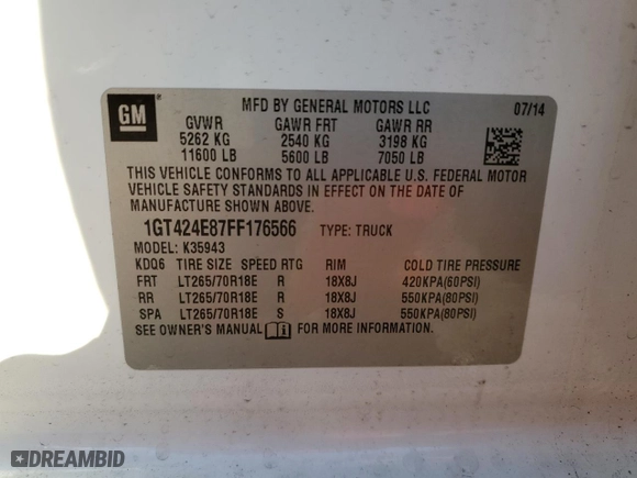 2015 GMC Sierra 3500HD Denali with VIN 1GT424E87FF176566, listed as a Copart auction lot 87201084 with 141,245 mi miles and Salvage Title. Bid and sale history available at carsss.com. Image 14.