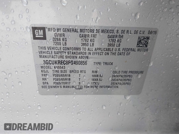 2015 Chevrolet Silverado 1500 LT with VIN 3GCUKREC8FG490856, listed as a IAAI auction lot 42067589 with 121,120 mi miles. Bid and sale history available at carsss.com. Image 9.