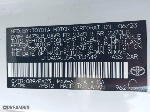 2023 Toyota Prius Prime SE with VIN JTDACACU5P3004649, listed as a IAAI auction lot 41205875 with 4,502 mi miles. Bid and sale history available at carsss.com. Image 9.