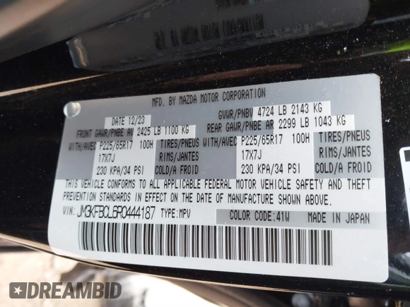 2024 Mazda CX-5 2.5 S Carbon Edition with VIN JM3KFBCL6R0444187, listed as a IAAI auction lot 41426988 with 5,074 mi miles. Bid and sale history available at carsss.com. Image 9.