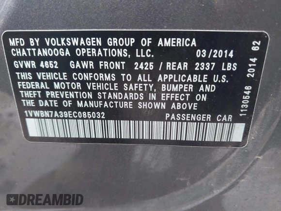 2014 Volkswagen Passat SE с VIN 1VWBN7A39EC085032, выставлен на аукционе IAAI как лот 41931302 с пробегом 193 425 миль миль и . История ставок и продаж доступна на DreamBid. Изображение 9.
