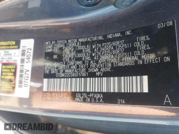 2008 Toyota Sienna XLE with VIN 5TDBK22C58S017861, listed as a IAAI auction lot 42604679 with 144,934 mi miles and . Bid and sale history available at DreamBid. Image 9.