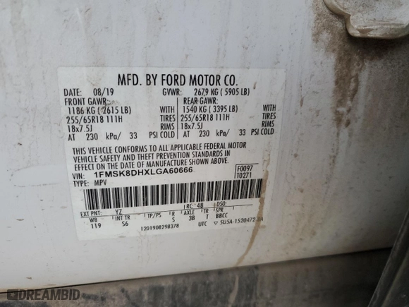 2020 Ford Explorer XLT with VIN 1FMSK8DHXLGA60666, listed as a Copart auction lot 83985564 with NaN miles and Salvage Title. Bid and sale history available at carsss.com. Image 13.