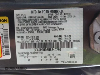 2017 Ford Fusion SE с VIN 3FA6P0HD5HR340260, выставлен на аукционе IAAI как лот 42401756 с пробегом 159 381 миль миль и . История ставок и продаж доступна на DreamBid. Изображение 9.