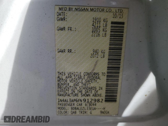 2015 Nissan Altima SL with VIN 1N4AL3AP6FN912982, listed as a Copart auction lot 58379225 with 126,882 mi miles and Salvage title. Bid and sale history available at DreamBid. Image 12.