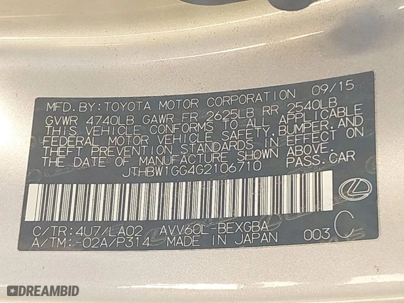 2016 Lexus ES 300h Hybrid with VIN JTHBW1GG4G2106710, listed as a IAAI auction lot 41684479 with 144,559 mi miles. Bid and sale history available at carsss.com. Image 9.