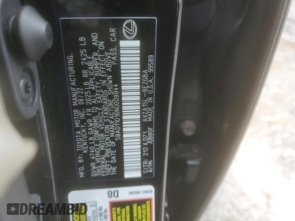 2022 Lexus ES 250 with VIN 58AD11D16NU009944, listed as a Copart auction lot 47650855 with 25,774 mi miles and Salvage title. Bid and sale history available at DreamBid. Image 15.