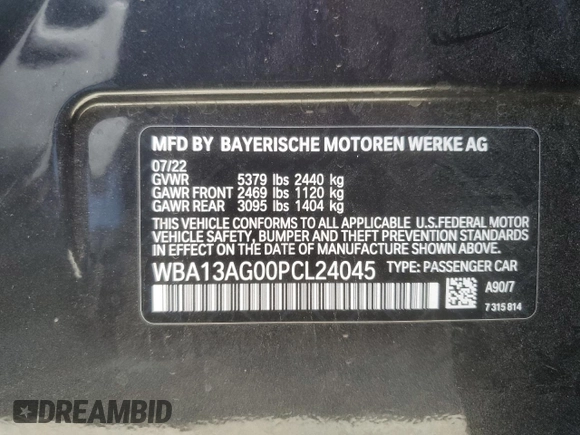 2023 BMW 5 Series 530e with VIN WBA13AG00PCL24045, listed as a Copart auction lot 84961634 with Not provided miles and Salvage title. Bid and sale history available at DreamBid. Image 12.