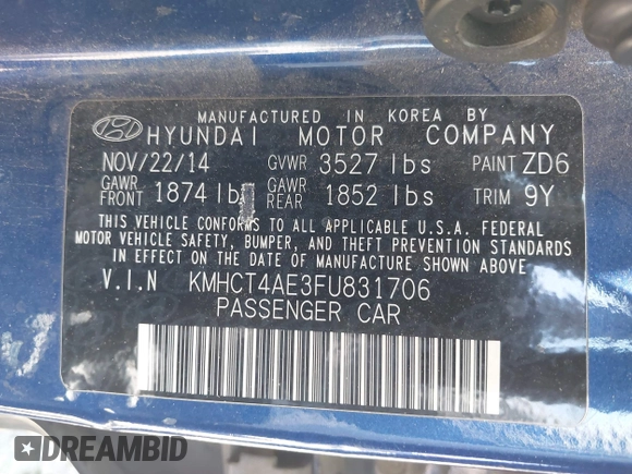2015 Hyundai Accent GLS with VIN KMHCT4AE3FU831706, listed as a IAAI auction lot 42173408 with 97,985 mi miles and . Bid and sale history available at carsss.com. Image 9.