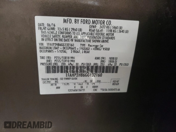 2016 Ford Taurus SEL with VIN 1FAHP2H86GG132160, listed as a Copart auction lot 61489735 with 135,437 mi miles and Clean title. Bid and sale history available at DreamBid. Image 12.