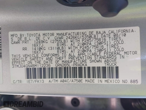 2011 Toyota Tacoma PreRunner with VIN 3TMJU4GN4BM112236, listed as a IAAI auction lot 41595008 with 197,397 mi miles and . Bid and sale history available at DreamBid. Image 9.