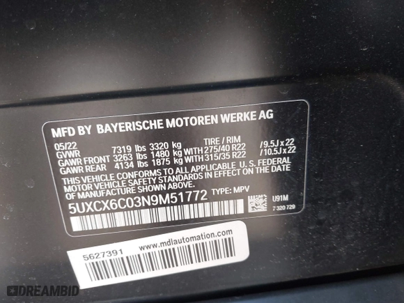 2022 BMW X7 M50i with VIN 5UXCX6C03N9M51772, listed as a IAAI auction lot 41780026 with 26,001 mi miles. Bid and sale history available at carsss.com. Image 9.