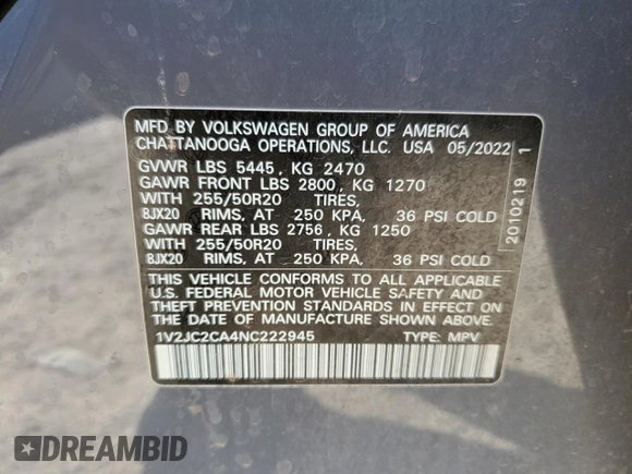 2022 Volkswagen Atlas SE with VIN 1V2JC2CA4NC222945, listed as a Copart auction lot 75046524 with 71,545 mi miles and Clean title. Bid and sale history available at DreamBid. Image 13.