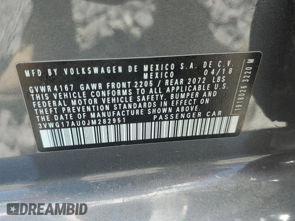 2018 Volkswagen Golf S с VIN 3VWG17AU0JM282951, выставлен на аукционе Copart как лот 54667125 с пробегом 82 218 миль миль и Списание • Salvage title. История ставок и продаж доступна на DreamBid. Изображение 13.