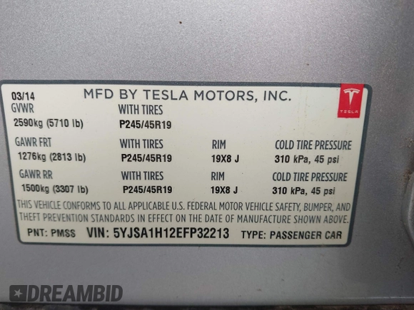 2014 Tesla Model S 60 with VIN 5YJSA1H12EFP32213, listed as a IAAI auction lot 42194085 with 56,071 mi miles and . Bid and sale history available at DreamBid. Image 9.