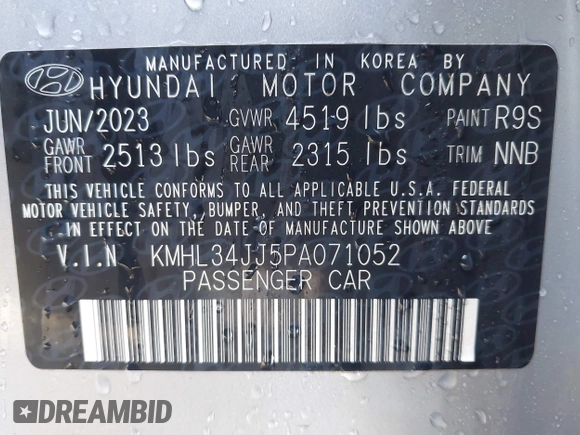 2023 Hyundai Sonata SEL with VIN KMHL34JJ5PA071052, listed as a IAAI auction lot 41825073 with 56,370 mi miles and . Bid and sale history available at DreamBid. Image 9.