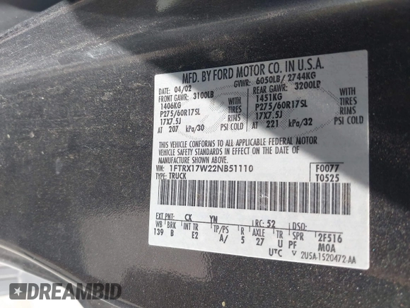 2002 Ford F-150 XL с VIN 1FTRX17W22NB51110, выставлен на аукционе IAAI как лот 42065464 с пробегом 346 583 миль миль и . История ставок и продаж доступна на DreamBid. Изображение 9.