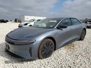 2025 Lucid Air Pure with VIN 50EA1PGA1SA005516, listed as a Copart auction lot 43931225 with 0 mi miles and Salvage Title. Bid and sale history available at carsss.com. Image 1.