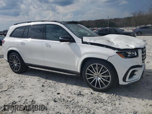 2025 Mercedes-Benz GLS with VIN 4JGFF5KE0SB332070, listed as a Copart auction lot 48843365 with 7 mi miles and Salvage Title. Bid and sale history available at carsss.com. Image 4.