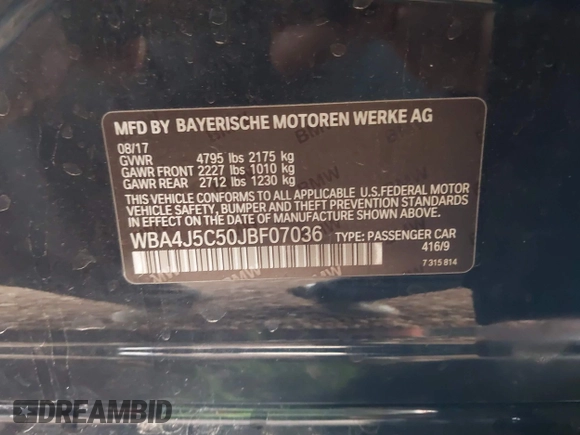 2018 BMW 4 Series 440i with VIN WBA4J5C50JBF07036, listed as a IAAI auction lot 41787949 with 68,821 mi miles and . Bid and sale history available at carsss.com. Image 9.