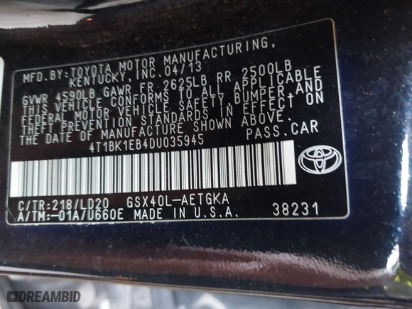 2013 Toyota Avalon XLE with VIN 4T1BK1EB4DU035945, listed as a IAAI auction lot 37434950 with 143,217 mi miles. Bid and sale history available at carsss.com. Image 9.