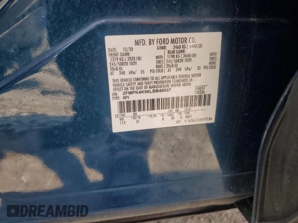 2020 Ford Edge Titanium with VIN 2FMPK4K96LBB49507, listed as a Copart auction lot 59686345 with 41,610 mi miles and Salvage title. Bid and sale history available at DreamBid. Image 14.