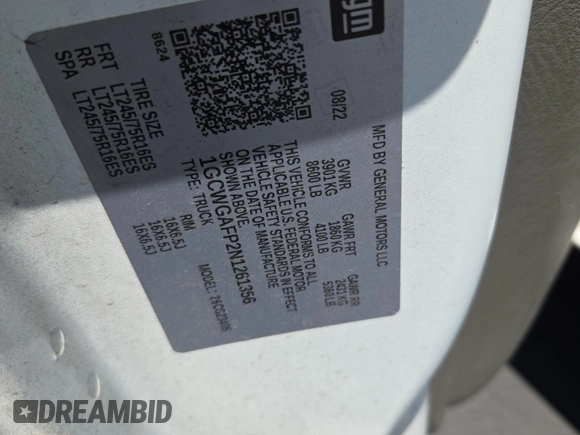 2022 Chevrolet Express Cargo with VIN 1GCWGAFP2N1261356, listed as a IAAI auction lot 42670346 with 63,269 mi miles and . Bid and sale history available at DreamBid. Image 25.