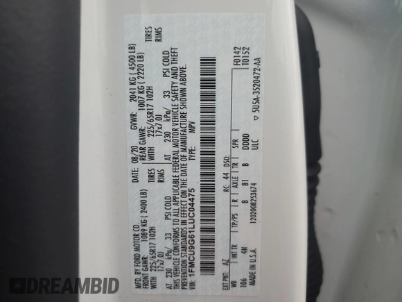 2020 Ford Escape SE с VIN 1FMCU9G61LUC04475, выставлен на аукционе Copart как лот 58329465 с пробегом 87 438 миль миль и Списание • Salvage title. История ставок и продаж доступна на DreamBid. Изображение 14.