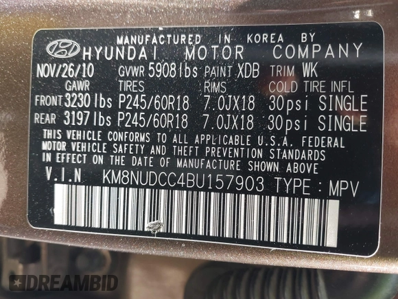 2011 Hyundai Veracruz GLS with VIN KM8NUDCC4BU157903, listed as a IAAI auction lot 42672237 with 161,062 mi miles and . Bid and sale history available at DreamBid. Image 9.