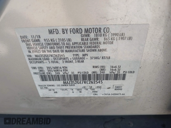 2019 Ford EcoSport SE with VIN MAJ3S2GE7KC262545, listed as a IAAI auction lot 41650639 with 32,211 mi miles and . Bid and sale history available at DreamBid. Image 9.