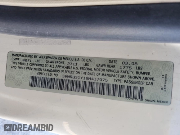 2008 Volkswagen Beetle SE z VIN 3VWRG31Y18M417075, wystawiony jako Copart lot #80433854 z przebiegiem 112 962 mil mil oraz Szkoda całkowita • Salvage title. Historia ofert i sprzedaży dostępna na DreamBid. Obrazek 14.