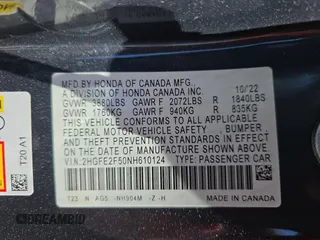 2022 Honda Civic Sport z VIN 2HGFE2F50NH610124, wystawiony jako Copart lot #56715465 z przebiegiem 21 978 mil mil oraz Szkoda całkowita • Salvage title. Historia ofert i sprzedaży dostępna na DreamBid. Obrazek 10.