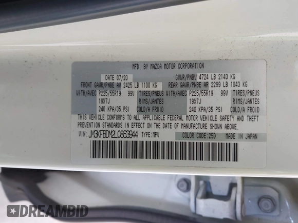 2020 Mazda CX-5 Grand Touring with VIN JM3KFBDM2L0863944, listed as a IAAI auction lot 42150805 with 63,932 mi miles and . Bid and sale history available at DreamBid. Image 9.