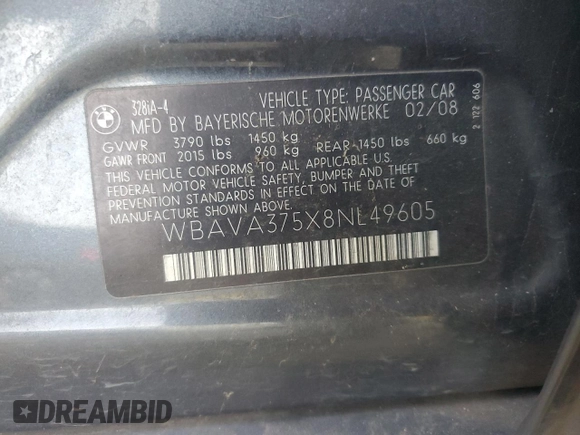 2008 BMW 3 Series 328i with VIN WBAVA375X8NL49605, listed as a Copart auction lot 41997085 with 164,105 mi miles and Salvage Title. Bid and sale history available at DreamBid. Image 14.