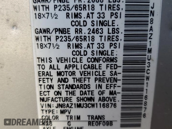 2012 Nissan Murano S with VIN JN8AZ1MU3CW116876, listed as a Copart auction lot 67118114 with 125,047 mi miles and Non Repairable. Bid and sale history available at carsss.com. Image 13.
